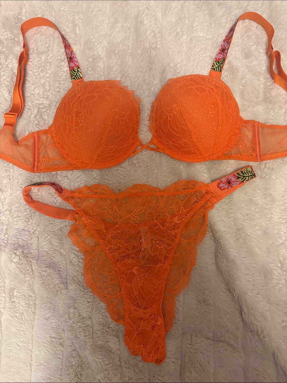 Vibrant Orange Lace Push-Up Bra & Lace Thong Set - Women Intimates